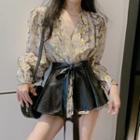 Set: Snake Print Blouse + Croc Grain Belt Blouse & Belt - Black - One Size