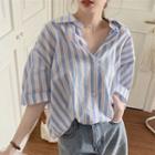 Elbow-sleeve Striped Shirt Blue & Light Yellow - One Size