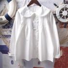 Long-sleeve Lace Frill Trim Blouse White - One Size