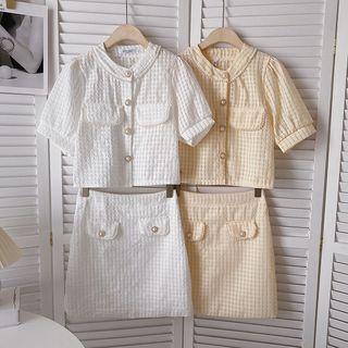 Set: Short-sleeve Single-breasted Top + High-waist Skirt