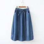 Drawstring Midi A-line Denim Skirt Blue - One Size
