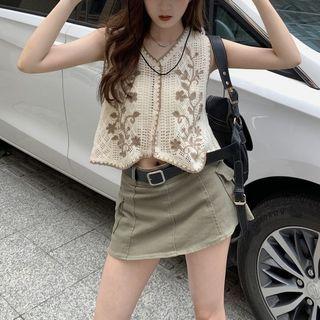 Contrast Trim Pointelle Knit Vest / High-waist Plain A-line Mini Skirt