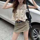 Contrast Trim Pointelle Knit Vest / High-waist Plain A-line Mini Skirt