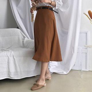 Belted Slit-front Long Flare Skirt