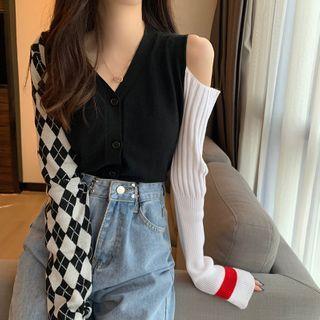 Long-sleeve Off-shoulder Panel Knit Top As Shown In Figure - One Size