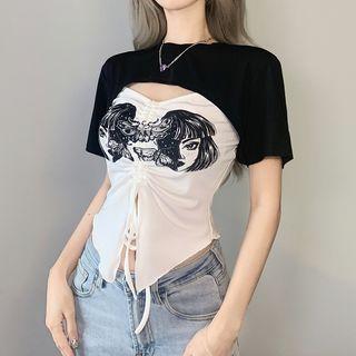 Set: Short-sleeve Cropped T-shirt + Print Drawstring Camisole Top