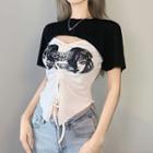 Set: Short-sleeve Cropped T-shirt + Print Drawstring Camisole Top