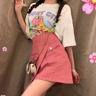 Dinosaur Print Short-sleeve T-shirt / High Waist A-line Skirt