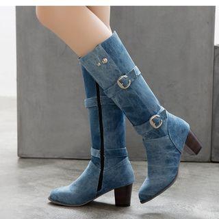 Block Heel Pointy Mid Calf Boots