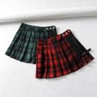 Belted Plaid Mini Pleated Skirt