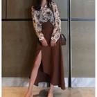 Flower Print Blouse / Side-slit Midi A-line Skirt