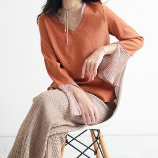 Long Slit Sleeve V-neck Top