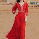 3/4-sleeve Printed Midi A-line Dress / Patterned Shawl