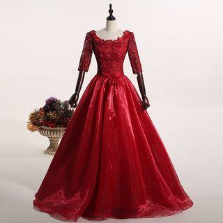 Lace-panel Elbow Sleeve Ball Gown