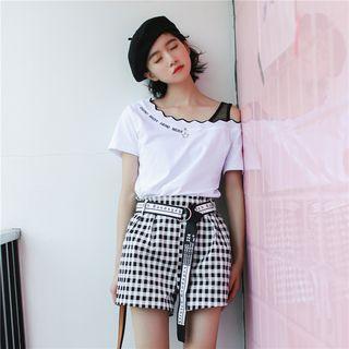 Short-sleeve Embroidered Off Shoulder T-shirt