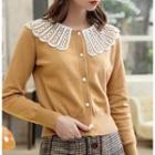 Lace Collar Knit Cardigan Khaki - One Size