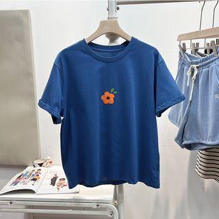 Short Sleeve Floral Print T-shirt Sapphire Blue - One Size