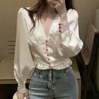 Long-sleeve Button Satin Top White - One Size
