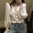 Long-sleeve Button Satin Top White - One Size