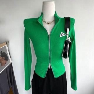 Mock-neck Embroider Zip Knit Cardigan