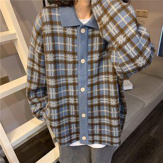 Plaid Cardigan Navy Blue - One Size