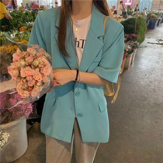 Short-sleeve Plain Blazer Blue - One Size