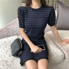 Short-sleeve Striped A-line Knit Sheath Dress