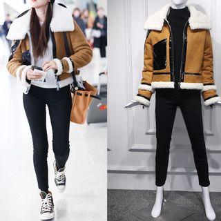 Patent Panel Faux Shearling Hooded Jacket