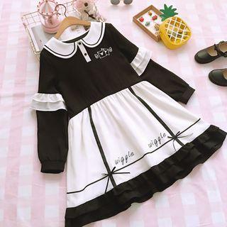 Peter-pan-collar Embroidered Long-sleeve A-line Dress Black - One Size