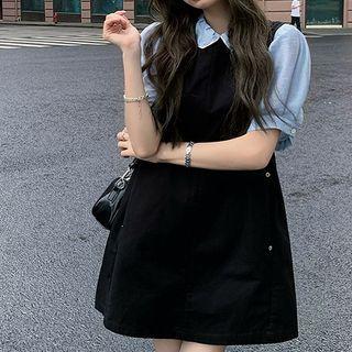 Puff-sleeve Plain Blouse / Sleeveless V-neck A-line Dress