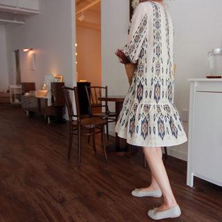 3/4-sleeve Ruffle-hem Patterned Dress