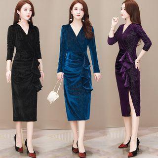 Long-sleeve Ruffled Midi Velvet Sheath Dress