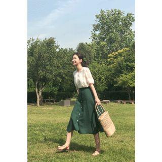 Buttoned Linen Midi Flare Skirt