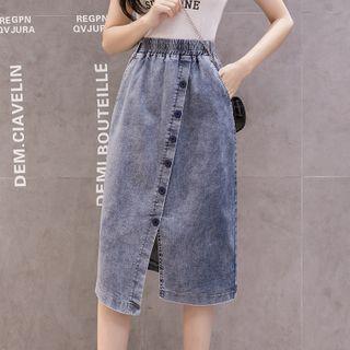 Band-waist Button Denim Midi A-line Skirt