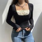 Long Sleeve Square-neck Mock Two Piece Crop Top