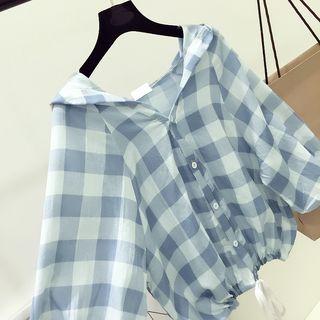 Check Loose-fit 3/4-sleeve Hooded Top