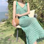Spaghetti-strap Knit Midi Sheath Dress Green - One Size