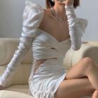 Long-sleeve Shirred Lace-up Sheath Dress