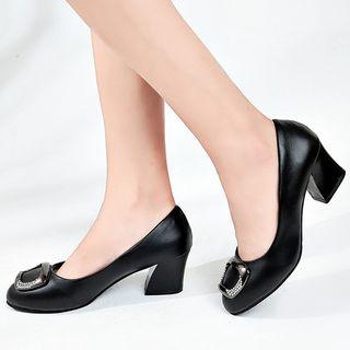 Faux Leather Rhinestone Block-heel Pumps