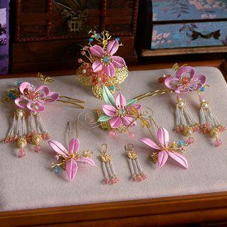 Wedding Set: Floral Hair Stick + Hair Comb + Fringed Earring Set Of 7 - Pink - One Size