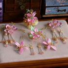 Wedding Set: Floral Hair Stick + Hair Comb + Fringed Earring Set Of 7 - Pink - One Size