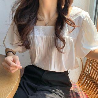 Square-neck Ruched Puff-sleeve Top White - One Size