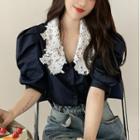 Lace Collar Puff-sleeve Blouse Dark Blue - One Size