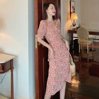 Floral Chiffon V-neck Short-sleeve Dress Dress - As Shown In Figure - One Size