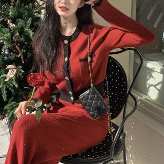 Contrasted Crew-neck Cardigan / High-waist Wide-leg Pants