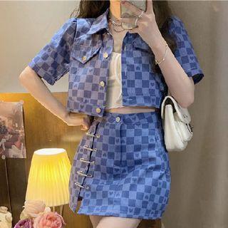 Checkerboard Cropped Jacket / Mini A-line Skirt / Set