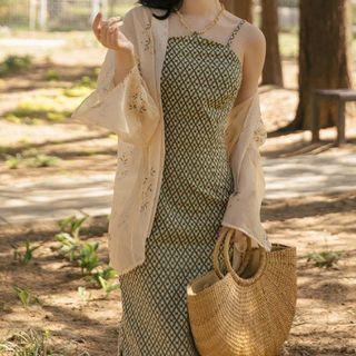 Spaghetti-strap Patterned Maxi Sheath Dress / Jacket / Set