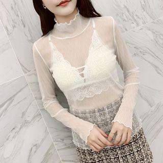 Long-sleeve Mock-neck Frill-trim Mesh Top