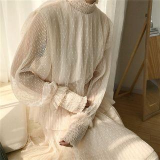 Mock Turtleneck Long-sleeve Midi Mesh Layered Dress