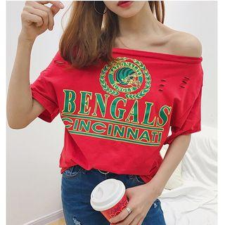 Print Off-shoulder Short-sleeve T-shirt